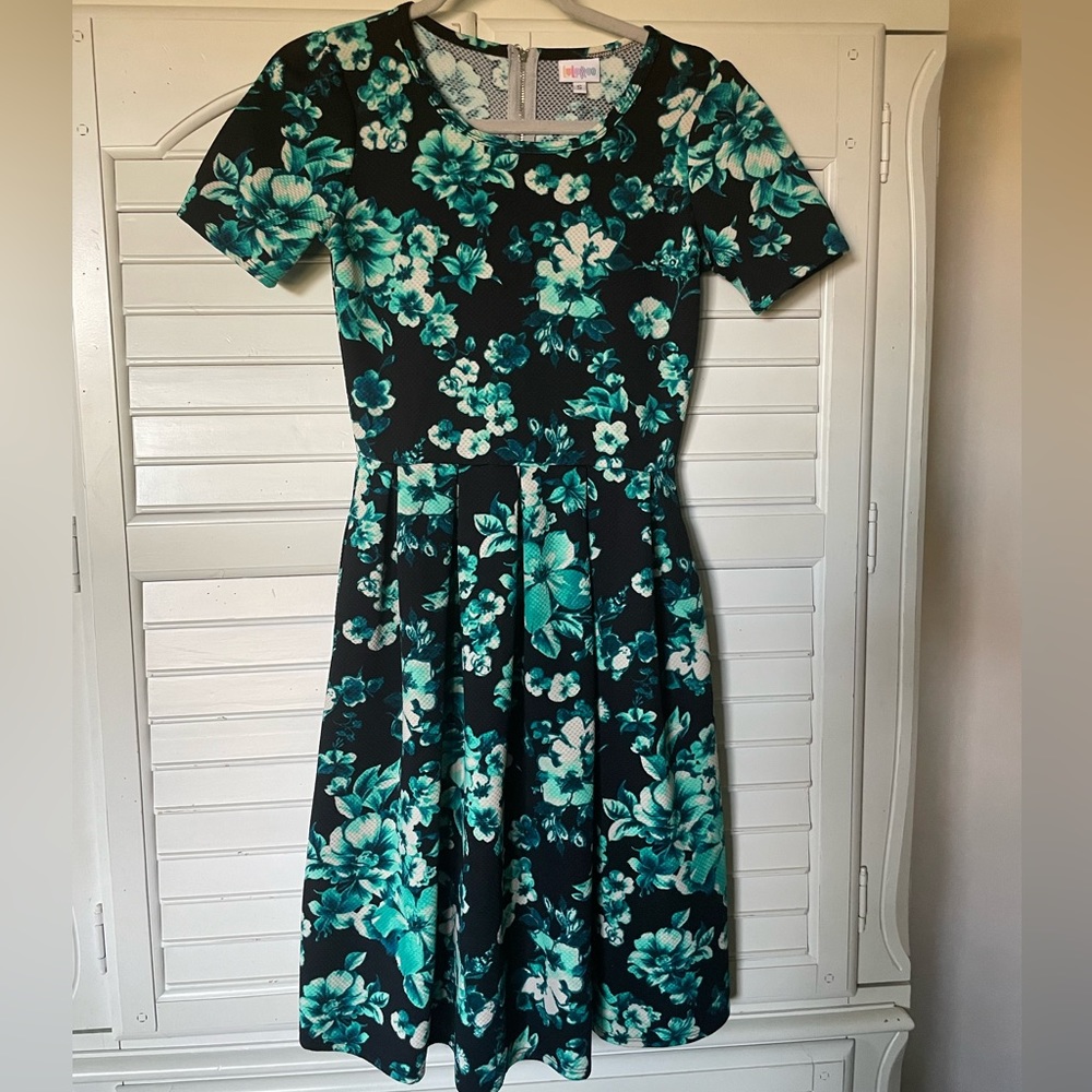 LuLaRoe Amelia Black Teal Flowered Dress Small